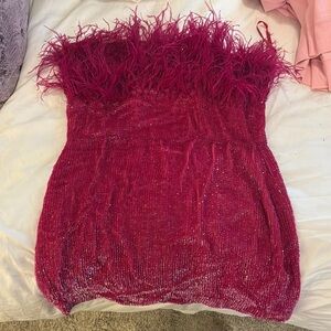Retrofete Beaded Feathered Pink Dress